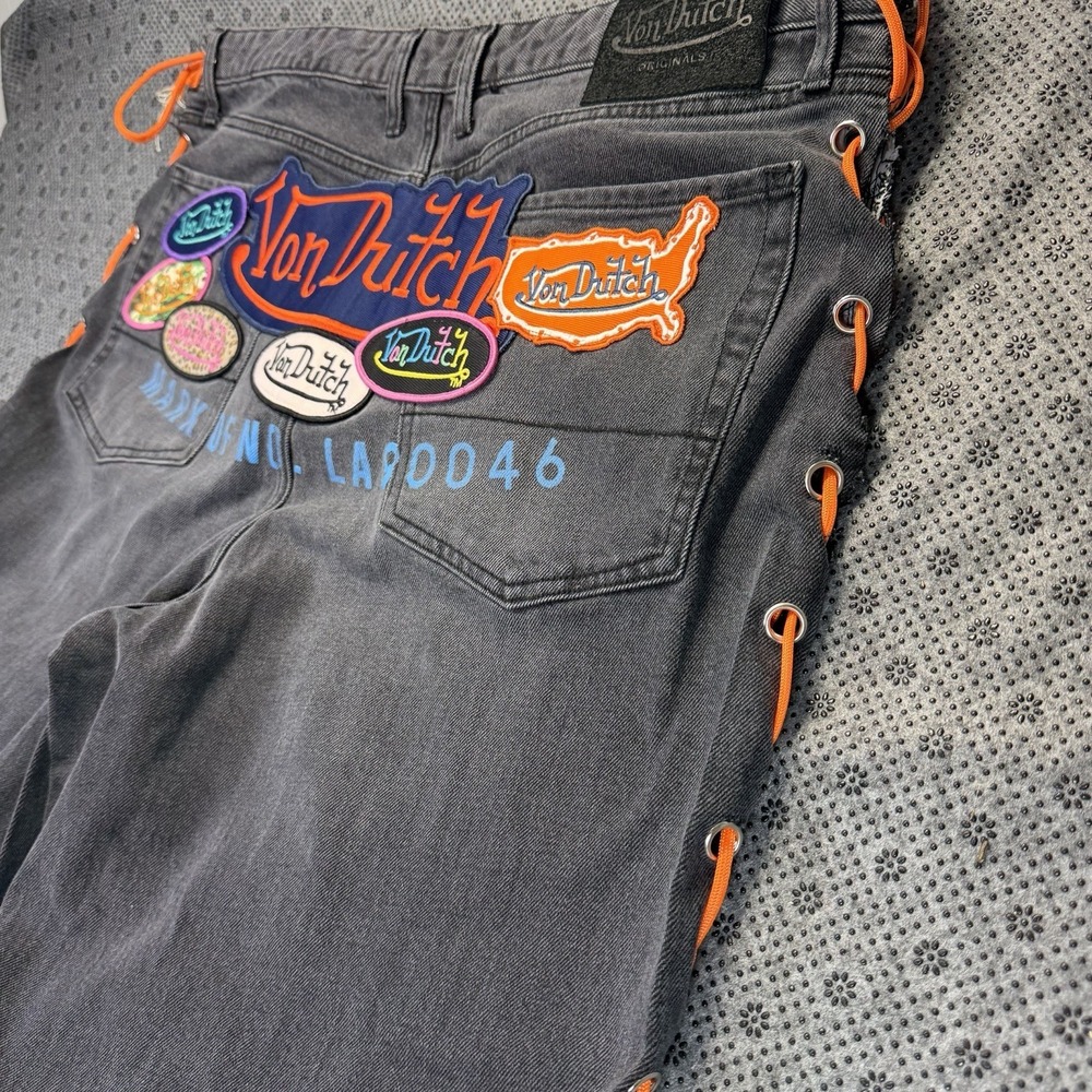 Men's Von Dutch The Reapers Baggy Embroidered Jeans Washed Black Denim Size 36 - Picture 13 of 16